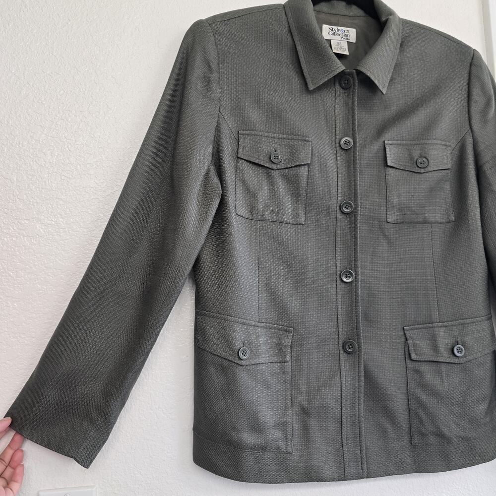 Women's Vintage100% Silk Blazer Army Green Size 12P Pockets Preppy Collared - Picture 2 of 13